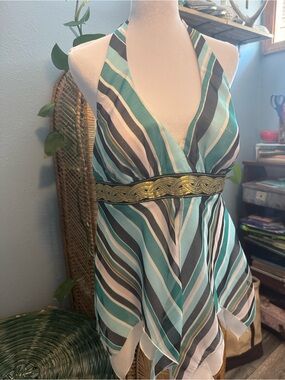 VTG Y2K Cache Handkerchief Hem Halter Top Teal Metallic Gold Braid TUSCAN MOM